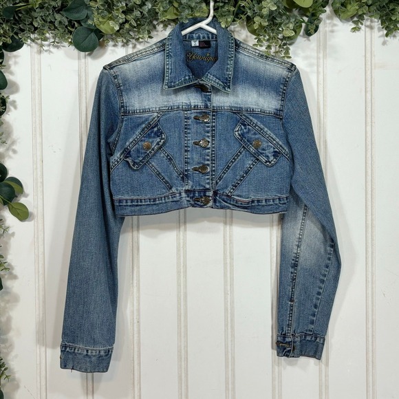Younique Jackets & Blazers - Younique Cropped Denim Jacket Junior Large Y2K Sandblasted Faded Vintage y2k